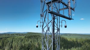 Two dome cameras mounted on a metal lattice tower overlooking a dense green forest under a clear blue sky.