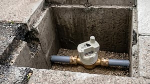A smart water meter with a Birdz transmitter installed on a pipe inside an open concrete underground utility pit