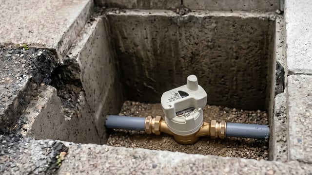 A smart water meter with a Birdz transmitter installed on a pipe inside an open concrete underground utility pit