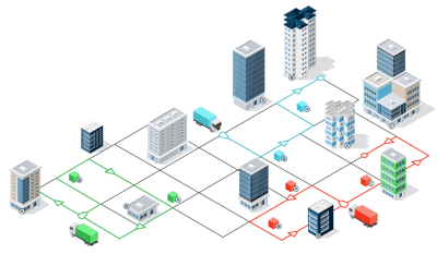 An isometric cityscape with buildings and traffic, showcasing smart waste collection optimization.