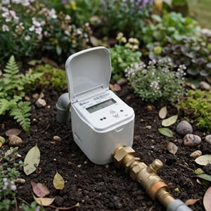 A digital smart water meter with an open lid connected to a brass pipe in a garden soil bed