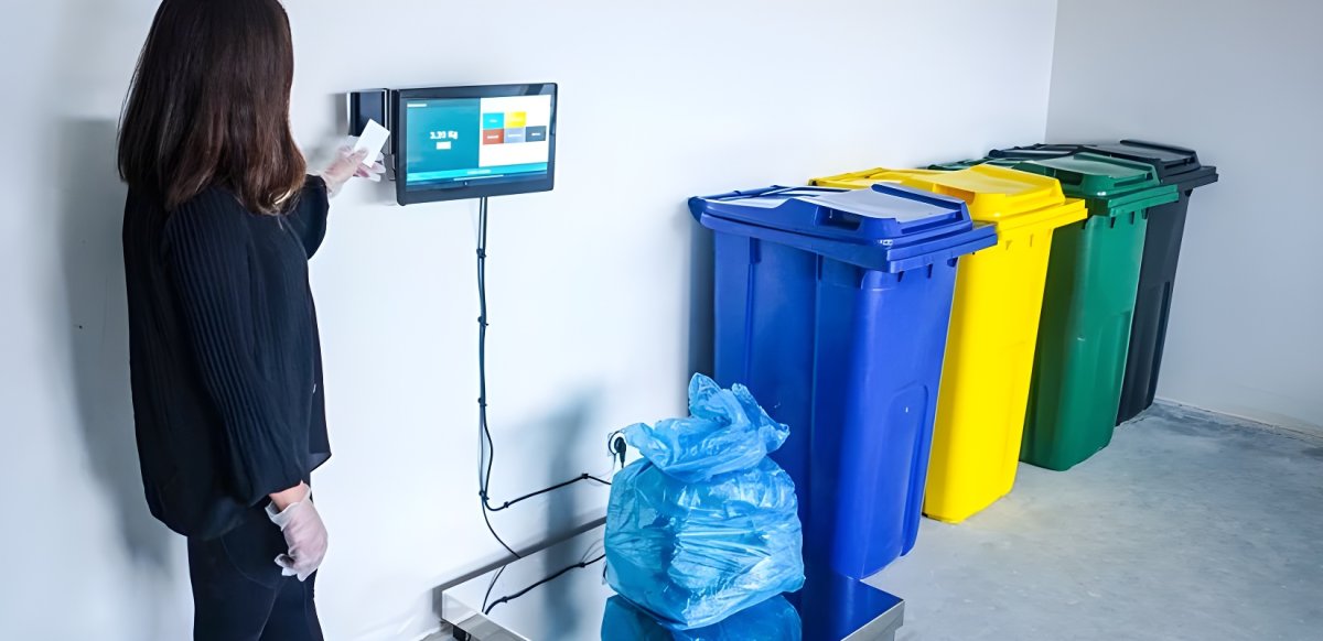 A person uses a WasteTracker wall-mounted terminal next to a floor scale and a row of color-coded recycling bins.