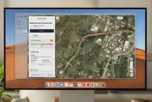 Desktop monitor displaying 4M Analytics software with a satellite map and utility project data for road lane improvements.