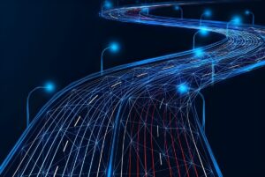 Digital illustration of a winding highway with glowing blue data wireframes, network nodes, and illuminated street lights.