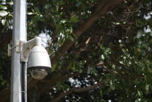 White dome security camera mounted on a metal pole in front of green leafy trees.