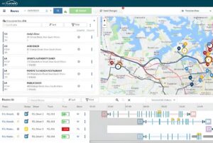 AMCS Platform software interface showing a logistics route map, fleet schedule timeline, and list of service locations.