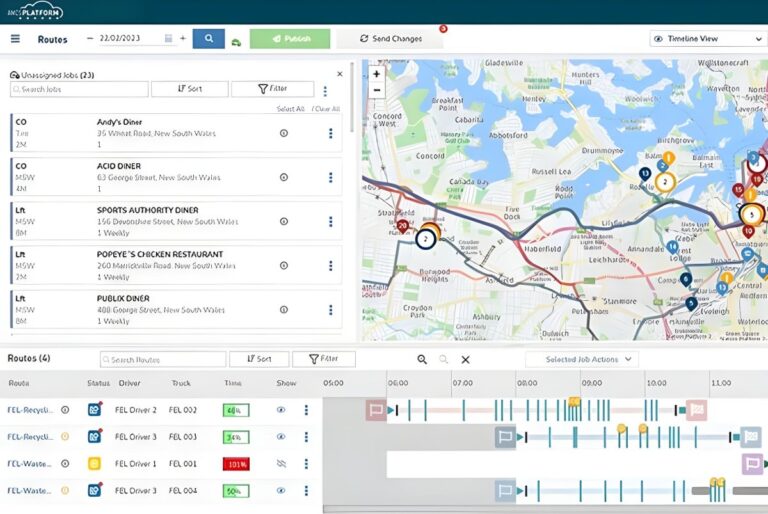 AMCS Platform software interface showing a logistics route map, fleet schedule timeline, and list of service locations.