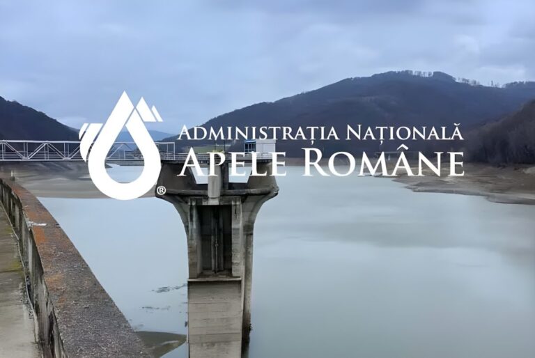 Administrația Națională Apele Române logo overlaid on a concrete dam intake tower and reservoir in a mountainous region.