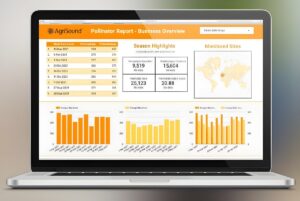 Laptop displaying the AgriSound Pollinator Report dashboard with data tables, bar charts, and a world map.
