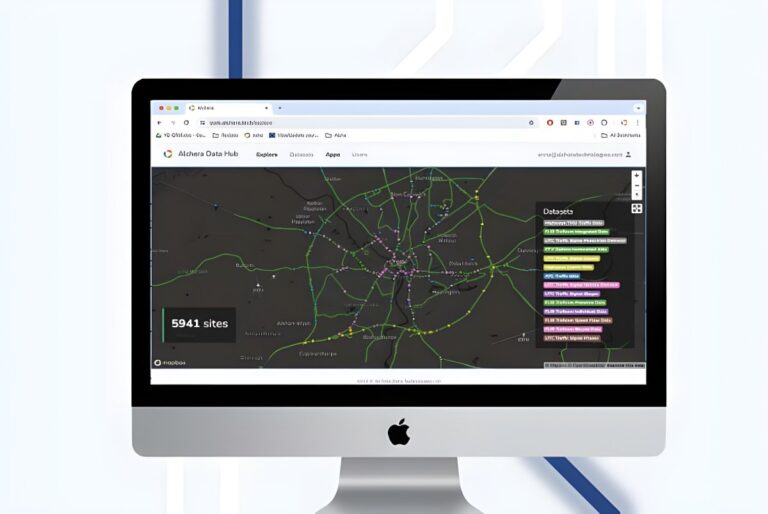 Desktop monitor displaying the Alchera Technologies data hub with a digital map of Nottingham's road network.