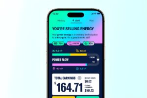 Smartphone displaying the Amber energy app interface with real-time power flow data and total earnings.