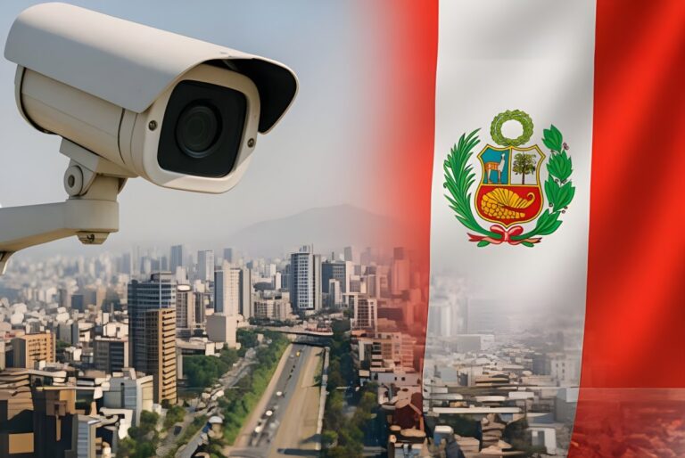 White security camera overlooking a dense city skyline with the flag of Peru overlaid on the right.