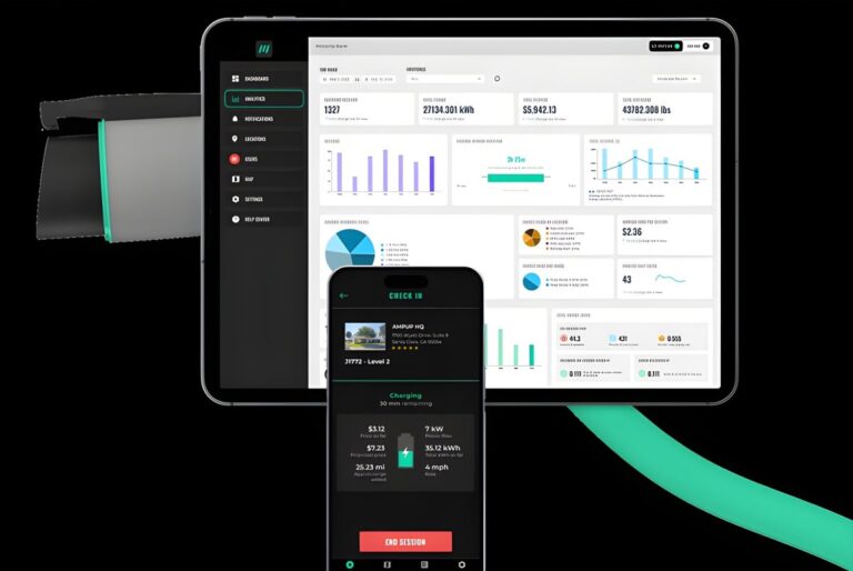 AmpUp EV charging management software displayed on a tablet dashboard and smartphone app against a black background.