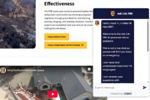 Screenshot of the Cal Fire website featuring an "Ask CAL FIRE" AI-powered multilingual chatbot interface.