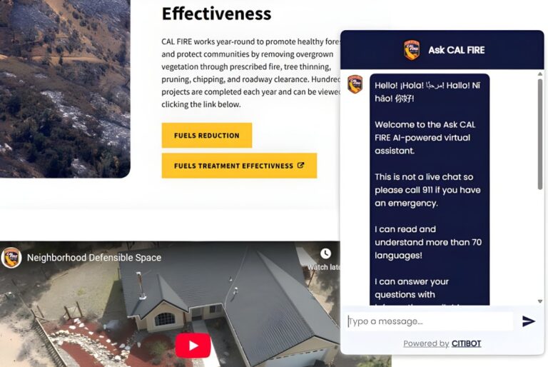 Screenshot of the Cal Fire website featuring an "Ask CAL FIRE" AI-powered multilingual chatbot interface.