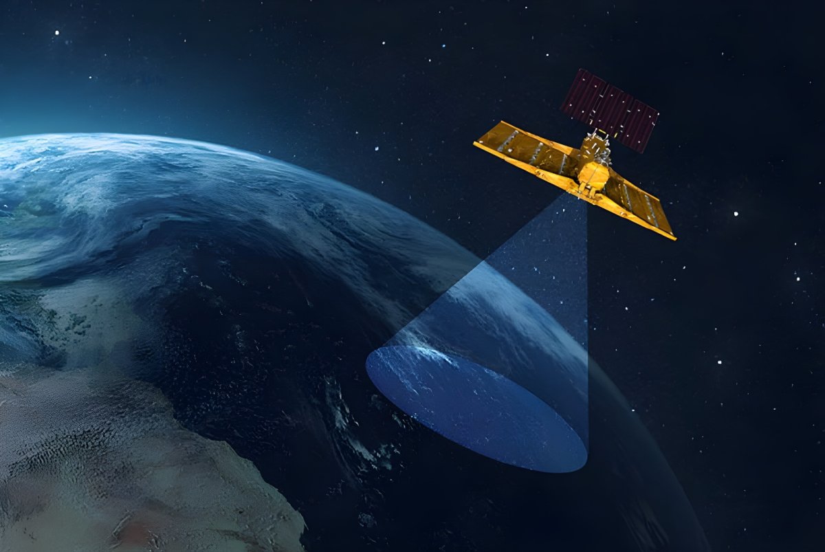 Digital rendering of a satellite in orbit projecting a blue light beam onto the surface of Earth.