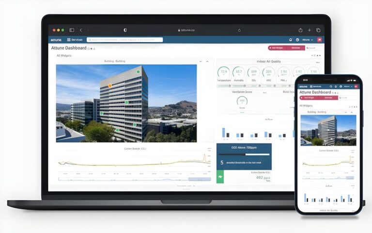Attune dashboard displaying building air quality data and analytics on a laptop and smartphone screen.