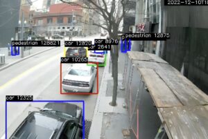 Automotus AI camera view of a city street with digital bounding boxes identifying parked cars and pedestrians.