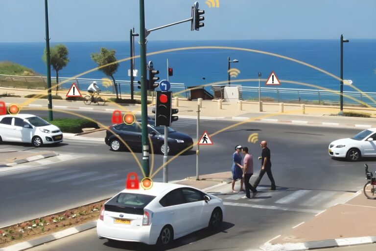 Coastal intersection with cars, pedestrians, and digital overlays of V2X communication arcs and safety icons.