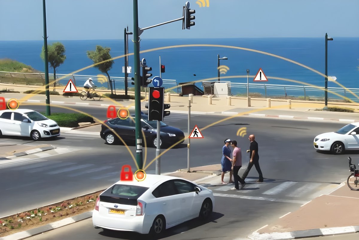 Coastal intersection with cars, pedestrians, and digital overlays of V2X communication arcs and safety icons.
