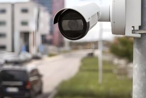 An Axis Communications bullet security camera mounted on a pole overlooking a city street with blurred traffic.