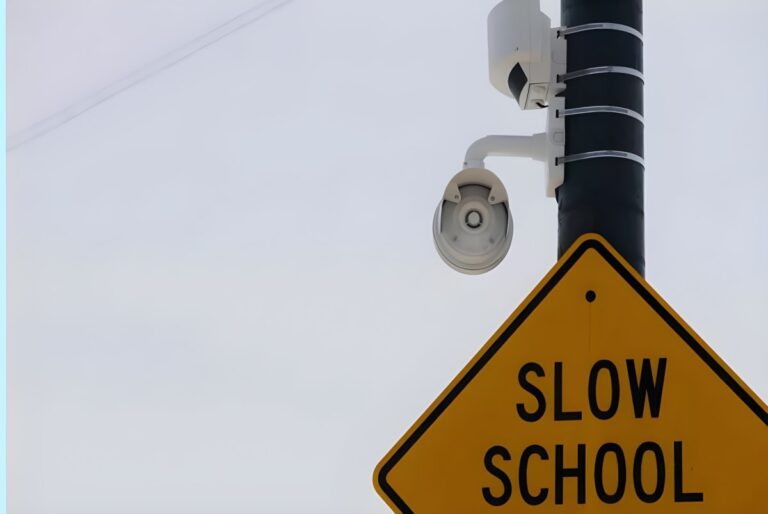 Two Axis Communications security cameras mounted on a utility pole above a yellow slow school zone sign.