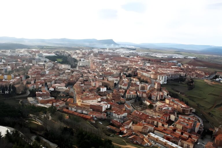 Aerial view of the city of Soria, Spain, featuring red-roofed buildings and surrounding hills.