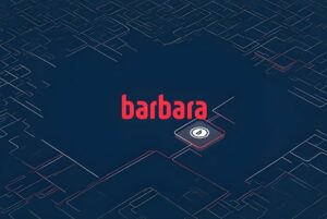 Barbara IoT logo centered on a dark blue background with digital circuit board patterns and a microchip icon.