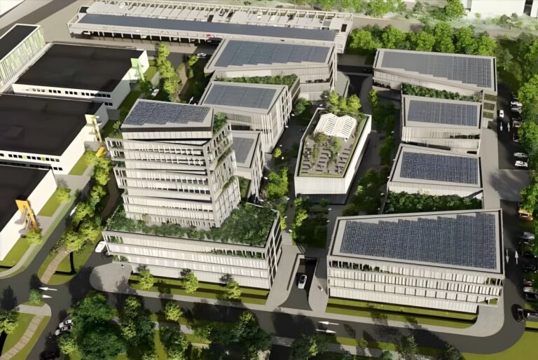 Aerial architectural rendering of the Belval campus in Luxembourg featuring buildings with rooftop solar panels and greenery.