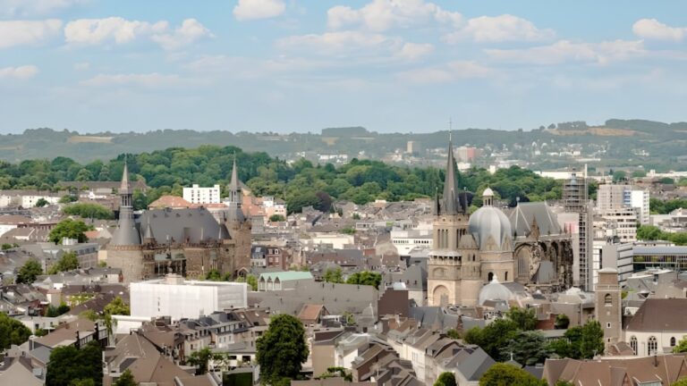 Panoramic aerial view of the Aachen city skyline featuring the Aachen Cathedral and Town Hall under a blue sky.