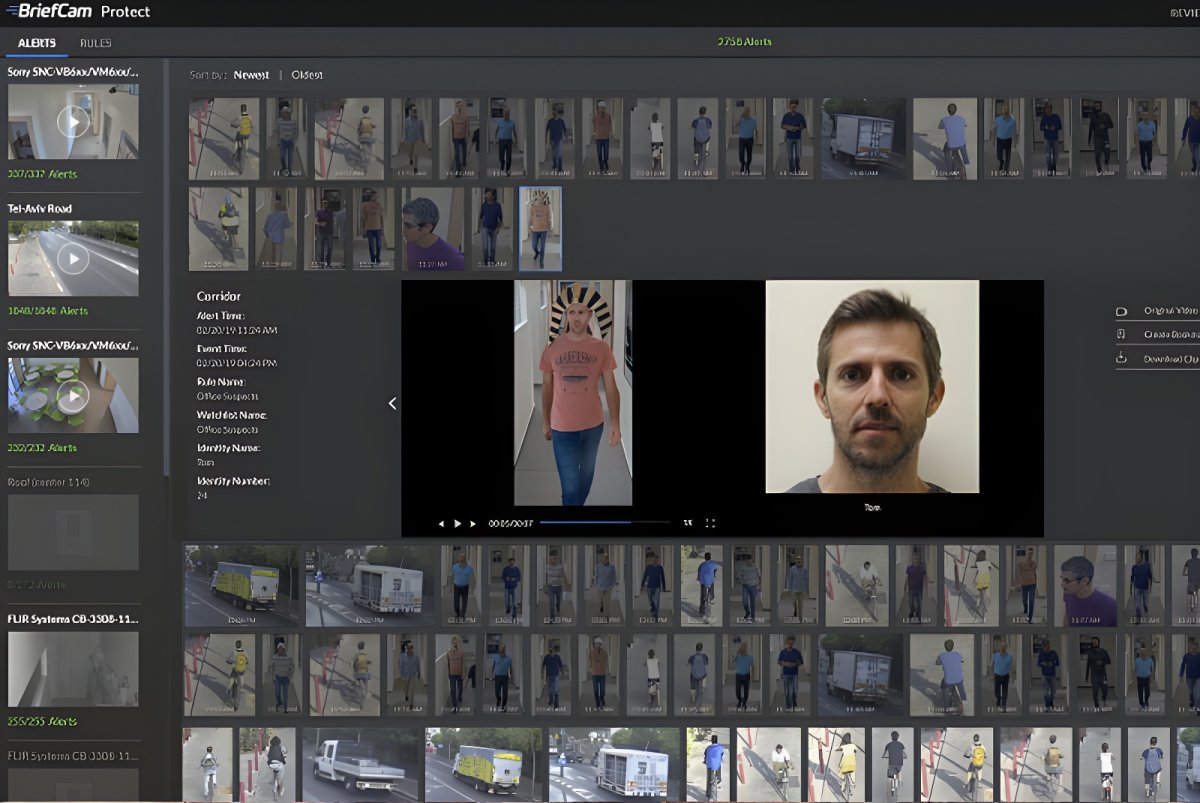 BriefCam software interface displaying facial recognition alerts and video surveillance thumbnails of people and vehicles.