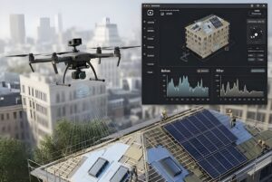 Drone flying over a city building with solar panels, overlaid with a digital dashboard showing a 3D model and data charts.
