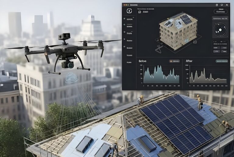 Drone flying over a city building with solar panels, overlaid with a digital dashboard showing a 3D model and data charts.