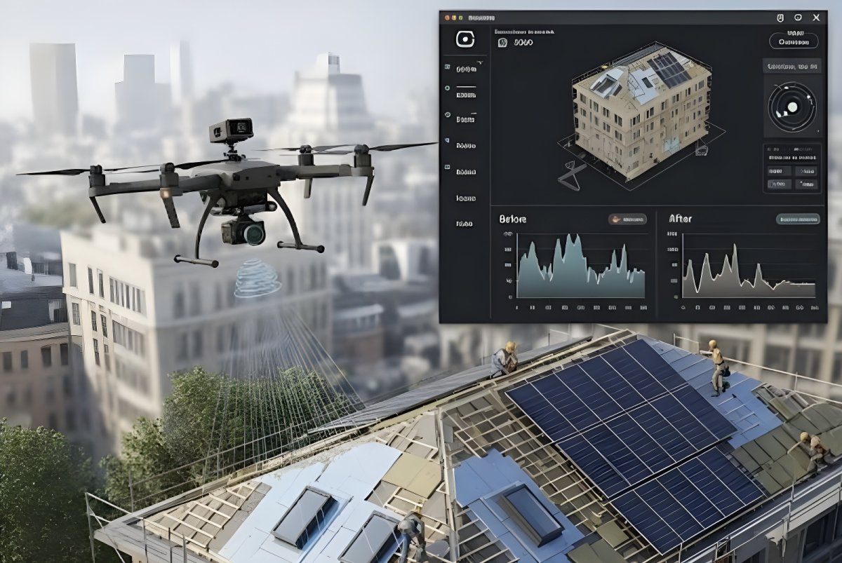 Drone flying over a city building with solar panels, overlaid with a digital dashboard showing a 3D model and data charts.