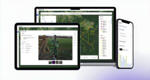 Arkion AI grid inspection software displayed on a laptop, tablet, and smartphone showing maps and utility pole data.