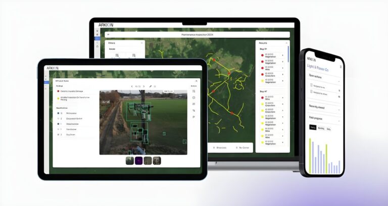 Arkion AI grid inspection software displayed on a laptop, tablet, and smartphone showing maps and utility pole data.