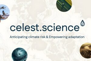Celest Science logo and slogan over a map background with circular icons of a hurricane, birds, and agricultural fields.