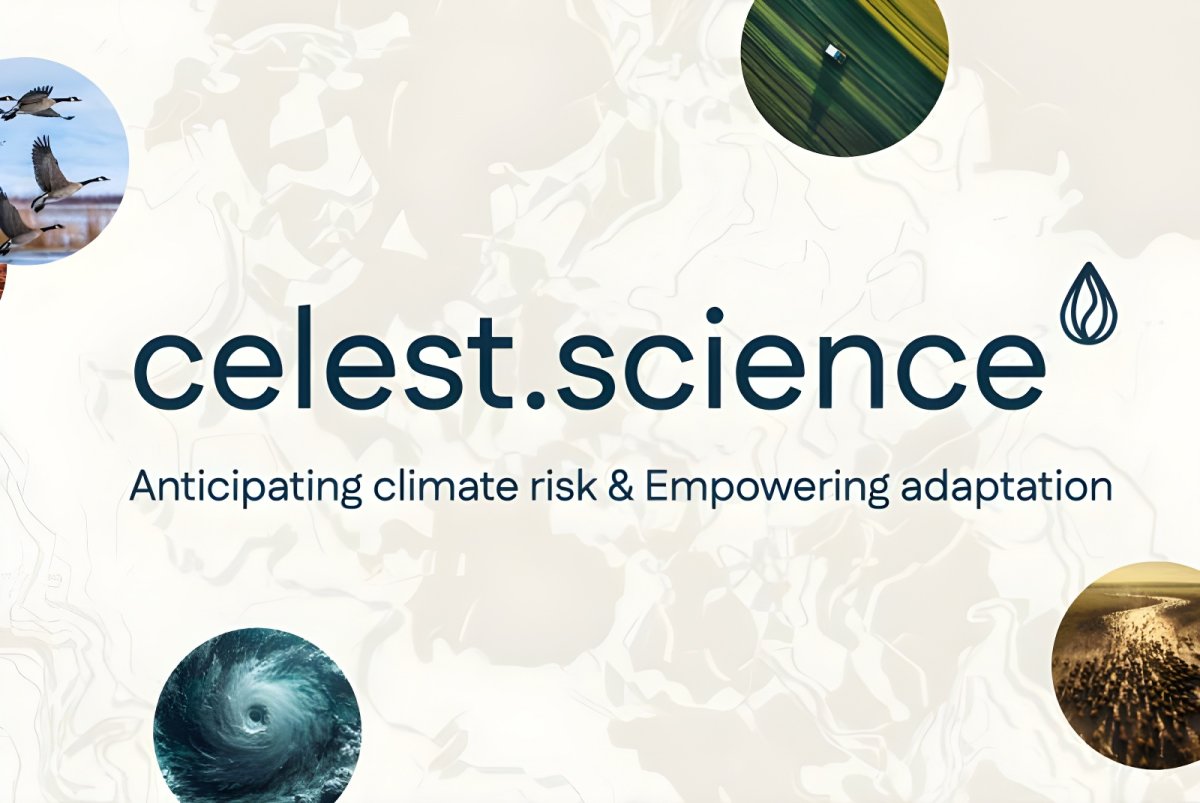 Celest Science logo and slogan over a map background with circular icons of a hurricane, birds, and agricultural fields.