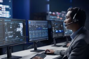 A technician wearing a headset monitors data dashboards and security footage on multiple screens in a dark control room.