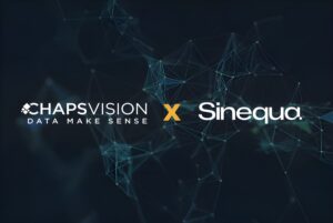 ChapsVision and Sinequa logos separated by a yellow X over a dark blue digital network background.
