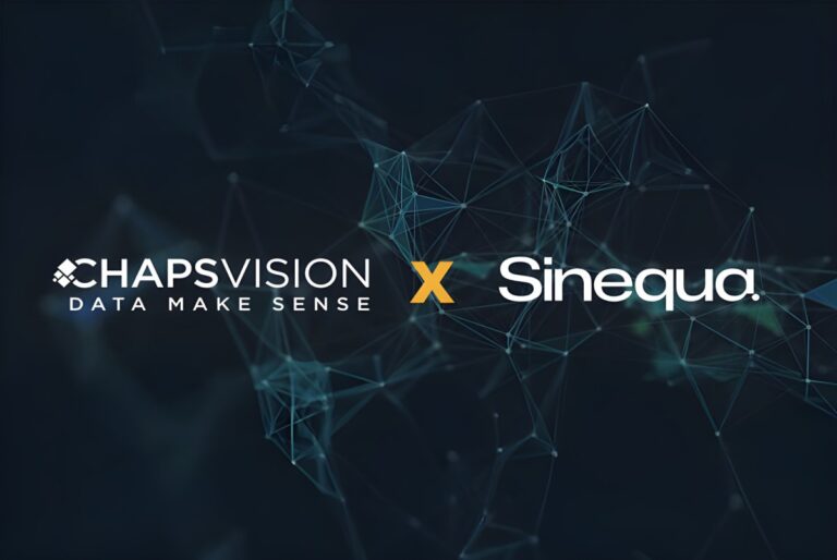 ChapsVision and Sinequa logos separated by a yellow X over a dark blue digital network background.