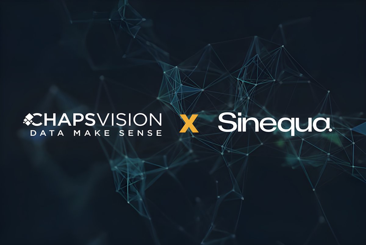 ChapsVision and Sinequa logos separated by a yellow X over a dark blue digital network background.