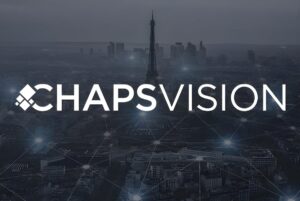 ChapsVision logo overlaid on a dark aerial view of Paris with the Eiffel Tower and a digital network grid.