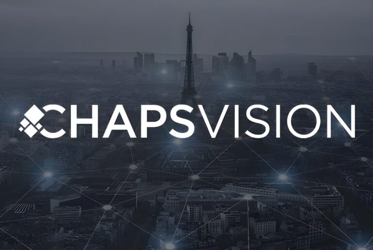ChapsVision logo overlaid on a dark aerial view of Paris with the Eiffel Tower and a digital network grid.