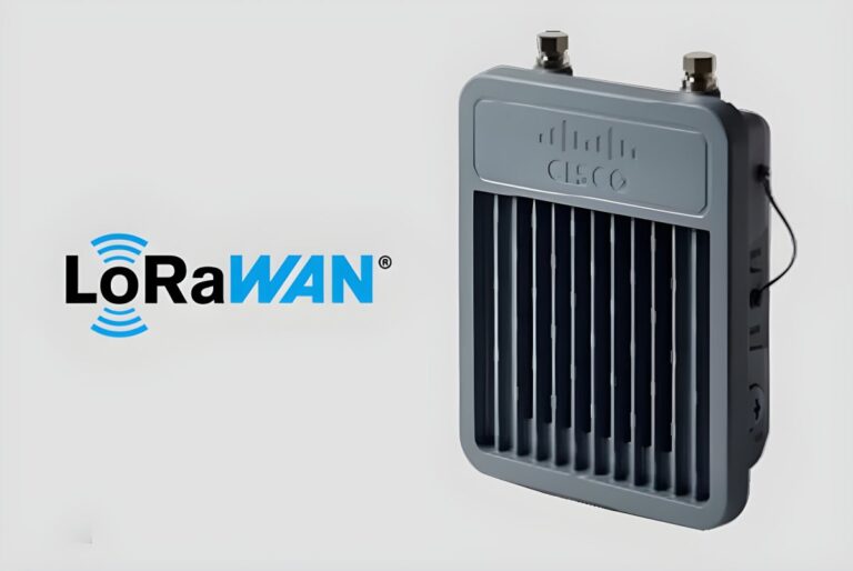 A Cisco LoRaWAN industrial gateway with a finned heat sink and antenna connectors next to a LoRaWAN logo.