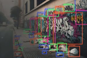 AI computer vision bounding boxes identifying litter and graffiti on a city sidewalk and wall.