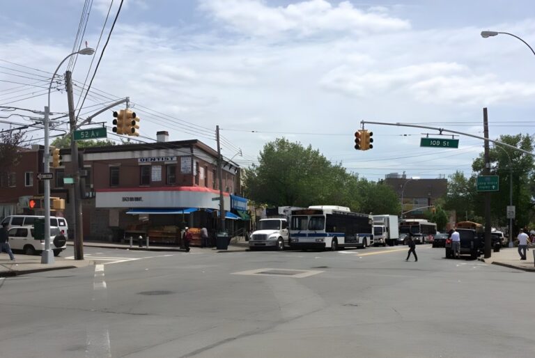 Buses and trucks waiting at a city intersection with overhead traffic lights and street signs under a cloudy sky.