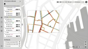 Digital map interface displaying color-coded underground utility lines for electric, water, and gas infrastructure.