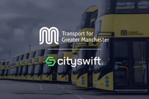 Row of yellow Transport for Greater Manchester double-decker buses with CitySwift and TfGM logos overlaid.