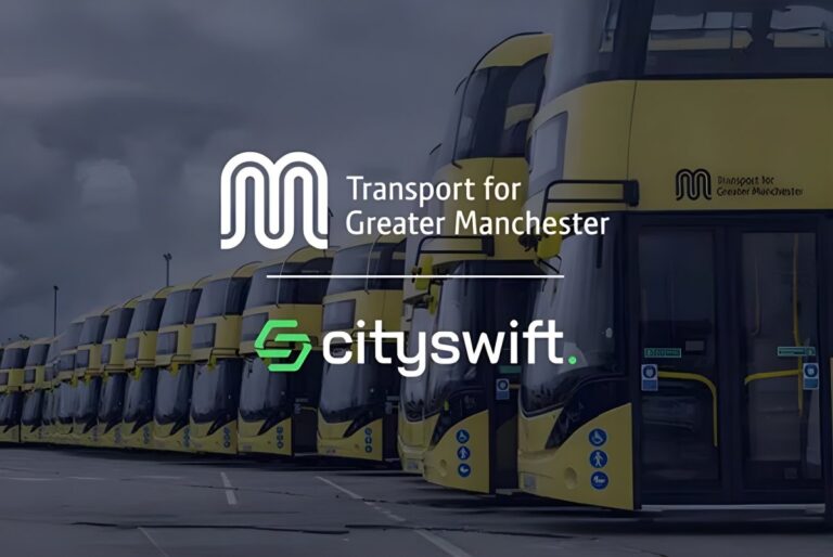 Row of yellow Transport for Greater Manchester double-decker buses with CitySwift and TfGM logos overlaid.